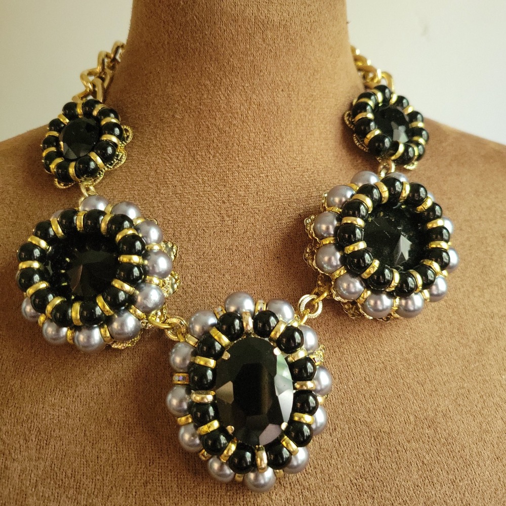 Black Gold Faux Pearl Filigree Bib Statement Necklace 16-18in Gothcore